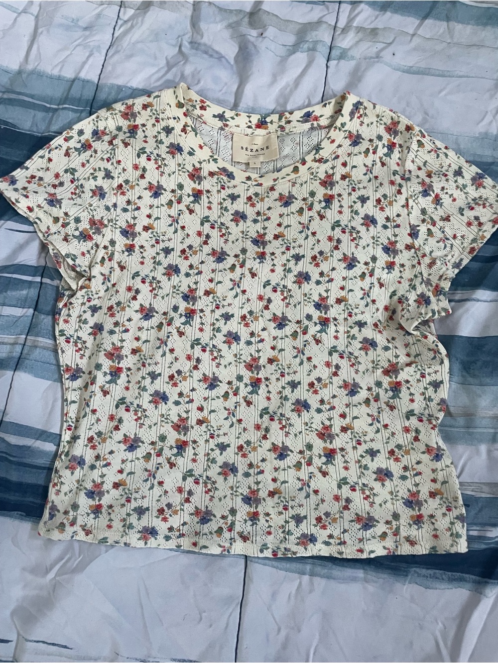 Sezane Camil Cream Ribbed Pointelle Short-Sleeve Floral Tee